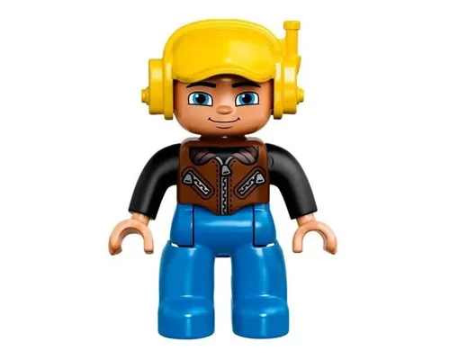 Duplo Figure Lego Ville, Male, Blue Legs, Brown Vest with Zipper and Zippered Pockets, Yellow Cap with Headset Image