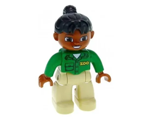 Duplo Figure Lego Ville, Female, Tan Legs, Green Top with 'ZOO' on Front and Back, Black Ponytail Hair, Brown Head (Zoo Worker) Image