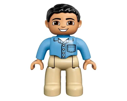 Duplo Figure Lego Ville, Male, Tan Legs, Medium Blue Shirt with Pocket and 4 Buttons, Black Hair Image