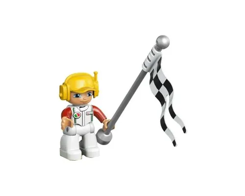 Duplo Figure Lego Ville, Male, White Legs, White Race Top with Octan Logo, Yellow Cap with Headset Image