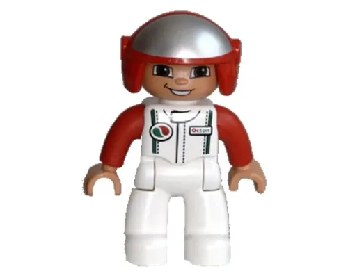 Duplo Figure Lego Ville, Male, White Legs, White Race Top with Octan Logo, Red Helmet Image