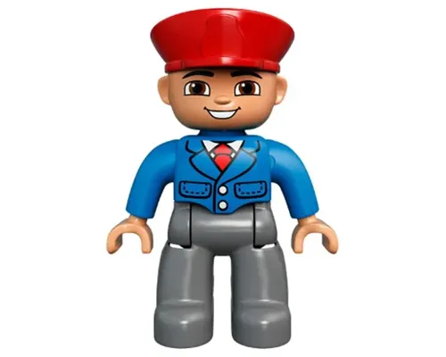 Duplo Figure Lego Ville, Male, Dark Bluish Gray Legs, Blue Jacket with Tie, Red Hat, Smile with Teeth (Train Conductor) (6203758, 6273392) Image