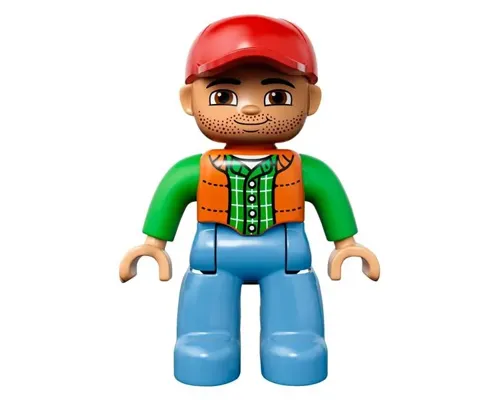 Duplo Figure Lego Ville, Male, Medium Blue Legs, Orange Vest, Dark Green Plaid Shirt, Bright Green Arms, Red Cap Image