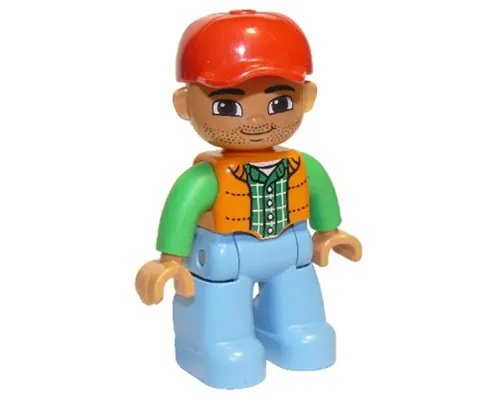 Duplo Figure Lego Ville, Male, Medium Blue Legs, Orange Vest, Dark Green Plaid Shirt, Bright Green Arms, Red Cap, Oval Eyes (6273449) Image