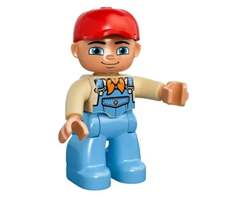 Duplo Figure Lego Ville, Male, Medium Blue Legs, Tan Top with Medium Blue Overalls, Bandana, Red Cap Image