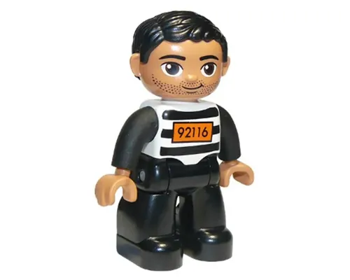 Duplo Figure Lego Ville, Male, Black Legs, Black and White Striped Top with Number 92116, Black Hair (Prisoner) Image