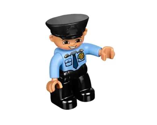 Duplo Figure Lego Ville, Male Police, Black Legs, Medium Blue Top with Badge, Black Hat Image