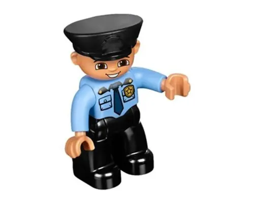 Duplo Figure Lego Ville, Male Police, Black Legs, Medium Blue Top with Badge, Black Hat, Oval Eyes Image