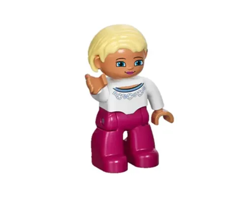 Duplo Figure Lego Ville, Female, Magenta Legs, White Sweater with Blue Pattern, Bright Light Yellow Hair, Blue Eyes Image