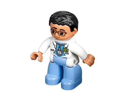 Duplo Figure Lego Ville, Male Medic, Medium Blue Legs, White Lab Coat, Stethoscope, Glasses, Black Hair Image