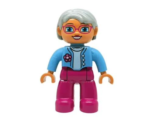 Duplo Figure Lego Ville, Female, Magenta Legs, Medium Blue Top with Flower, Light Bluish Gray Hair, Blue Eyes, Glasses (6273481) Image