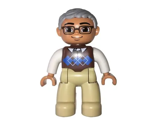 Duplo Figure Lego Ville, Male, Tan Legs, Reddish Brown Argyle Sweater Vest, White Arms, Light Bluish Gray Hair, Glasses Image