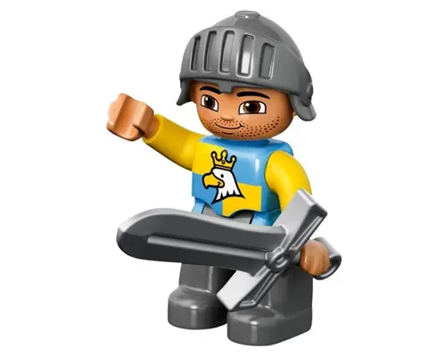 Duplo Figure Lego Ville, Male Castle, Dark Bluish Gray Legs, Blue and Yellow Chest with Crowned Eagle, Helmet Image