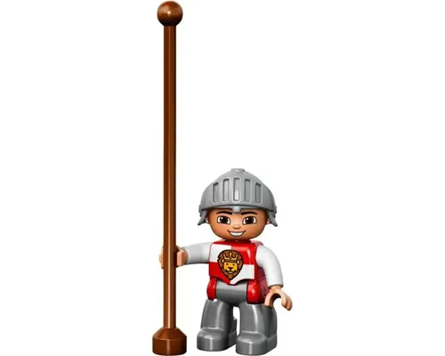 Duplo Figure Lego Ville, Male Castle, Dark Bluish Gray Legs, Red and White Chest with Lion on Shield, Helmet Image