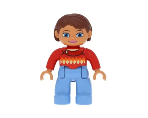 Duplo Figure Lego Ville, Female, Medium Blue Legs, Red Sweater with Diamond Pattern, Reddish Brown Hair, Blue Eyes Image