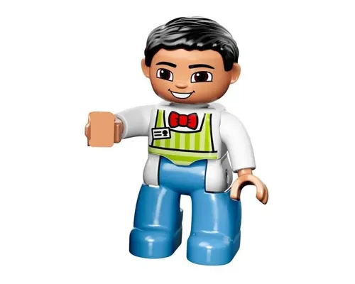 Duplo Figure Lego Ville, Male, Medium Blue Legs, Lime Striped Apron, Red Bow Tie, Black Hair, Oval Eyes Image