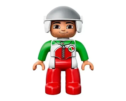 Duplo Figure Lego Ville, Male, Red Legs, Race Top with Zipper and Octan Logo, White Helmet Image