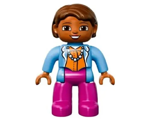 Duplo Figure Lego Ville, Female, Magenta Legs, Medium Blue Top with Necklace, Dark Orange Head, Reddish Brown Hair Image