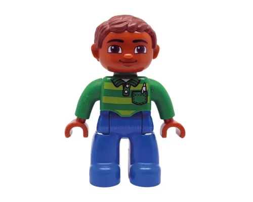 Duplo Figure Lego Ville, Male, Blue Legs, Green Top with Pen, Reddish Brown Hair Image