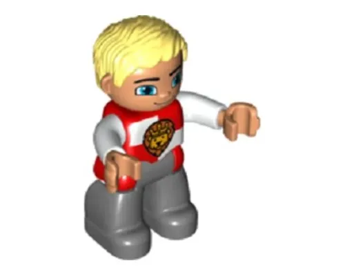 Duplo Figure Lego Ville, Male Castle, Dark Bluish Gray Legs, Red and White Chest with Lion on Shield, Bright Light Yellow Hair, Blue Eyes Image