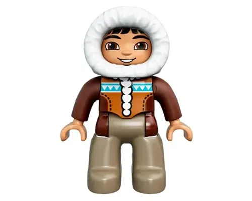 Duplo Figure Lego Ville, Male, Dark Tan Legs, Reddish Brown Hooded Parka, Brown Eyes Image