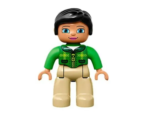 Duplo Figure Lego Ville, Female, Tan Legs, Green Top with Tartan Plaid and Zipper, Bright Green Arms, Black Hair (6138772) Image