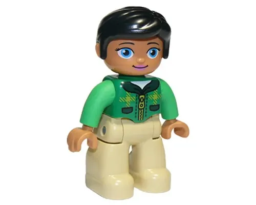 Duplo Figure Lego Ville, Female, Tan Legs, Green Top with Tartan Plaid and Zipper, Bright Green Arms, Black Hair, Oval Eyes (6183830 / 6203756 / 6273383) Image