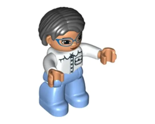 Duplo Figure Lego Ville, Female, Medium Blue Legs, White Top with Pocket, White Arms, Blue Glasses, Black Hair Image