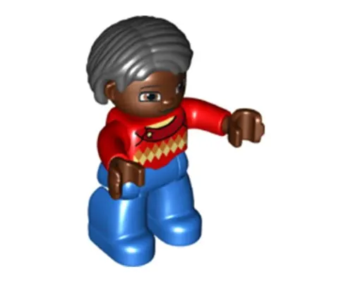 Duplo Figure Lego Ville, Female, Blue Legs, Red Argyle Sweater, Red Arms, Brown Head, Black Hair Image