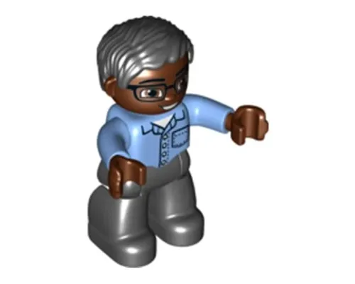 Duplo Figure Lego Ville, Male, Black Legs, Medium Blue Shirt with Pocket, Medium Blue Arms, Brown Head, Glasses, Black Hair Image