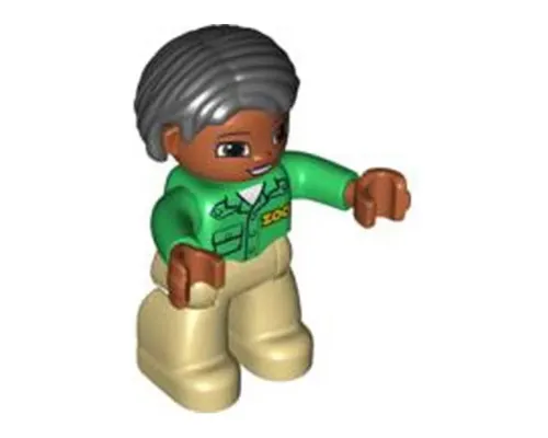 Duplo Figure Lego Ville, Female, Tan Legs, Green Top with 'ZOO' on Front, Brown Head, Black Hair, Brown Eyes Image