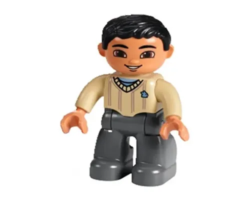 Duplo Figure Lego Ville, Male, Dark Bluish Gray Legs, Tan Sweater, Black Hair, Brown Eyes Image