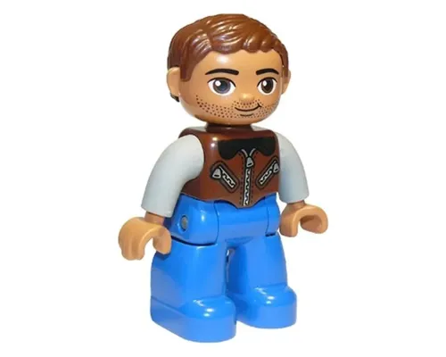 Duplo Figure Lego Ville, Male, Blue Legs, Reddish Brown Jacket with Zippers, Tan Arms, Reddish Brown Hair, Brown Eyes Image