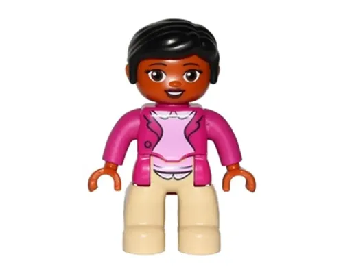 Duplo Figure Lego Ville, Female, Tan Legs, Magenta Jacket and Pink Blouse Pattern, Black Hair, Brown Eyes Image