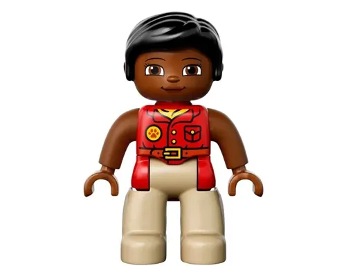 Duplo Figure Lego Ville, Female, Tan Legs, Red Shirt, Black Hair, Reddish Brown Arms Image