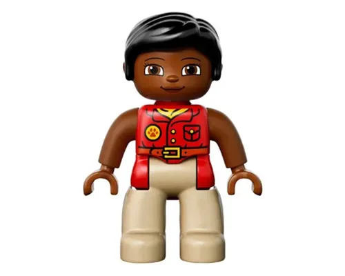 Duplo Figure Lego Ville, Female, Tan Legs, Red Shirt, Black Hair, Reddish Brown Arms, Oval Eyes Image