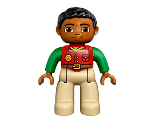 Duplo Figure Lego Ville, Male, Tan Legs, Red Shirt, Black Hair, Bright Green Arms Image