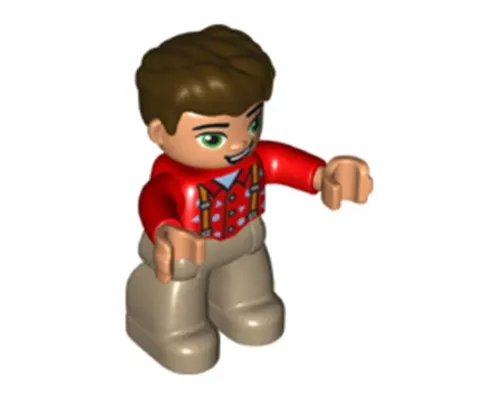 Duplo Figure Lego Ville, Male, Dark Tan Legs, Red Top with Suspenders, Dark Brown Hair Image