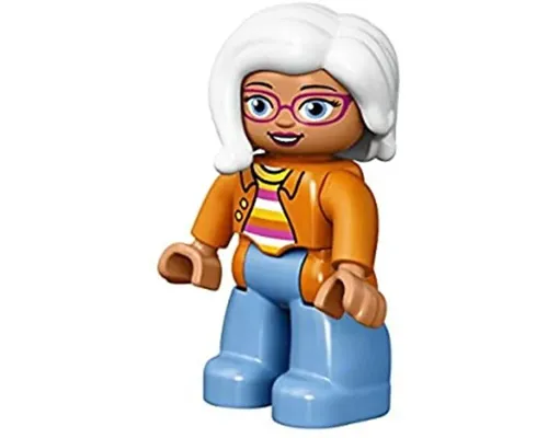 Duplo Figure Lego Ville, Female, Medium Blue Legs, Orange Jacket, Striped Sweater, White Hair Image