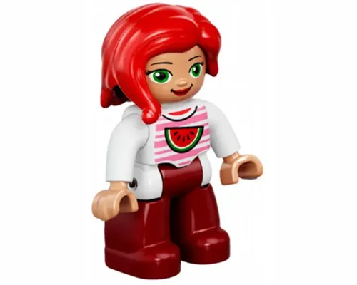 Duplo Figure Lego Ville, Female, Dark Red Legs, White Top with Bright Pink Stripes and Watermelon Pattern, Green Eyes, Red Hair Image