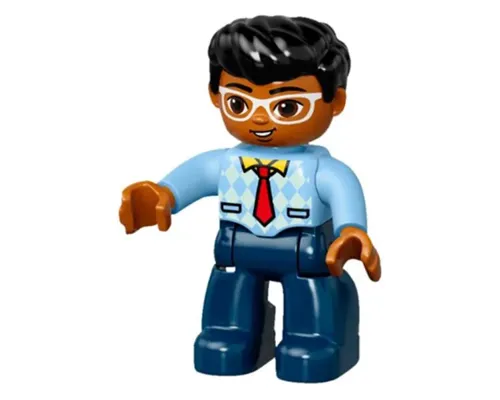 Duplo Figure Lego Ville, Male, Dark Blue Legs, Bright Light Blue Top with Medium Blue Sleeves and Tie Pattern, White Glasses, Black Hair Image