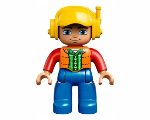 Duplo Figure Lego Ville, Male, Blue Legs, Orange Vest, Dark Green Plaid Shirt, Red Arms, Yellow Cap with Headset Image