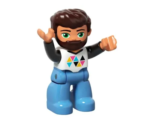 Duplo Figure Lego Ville, Male, Medium Blue Legs, White Top with Triangles, Black Arms, Dark Brown Hair and Beard Image