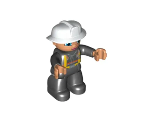 Duplo Figure Lego Ville, Female Firefighter, Black Legs, Nougat Hands, White Helmet, Blue Eyes Image