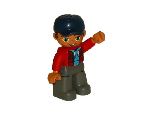 Duplo Figure Lego Ville, Male, Dark Bluish Gray Legs, Red Jacket, Medium Azure Shirt, Dark Blue Cap Image