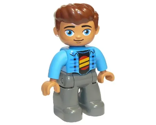 Duplo Figure Lego Ville, Male, Dark Bluish Gray Legs, Dark Azure Jacket, Black Shirt, Reddish Brown Hair Image