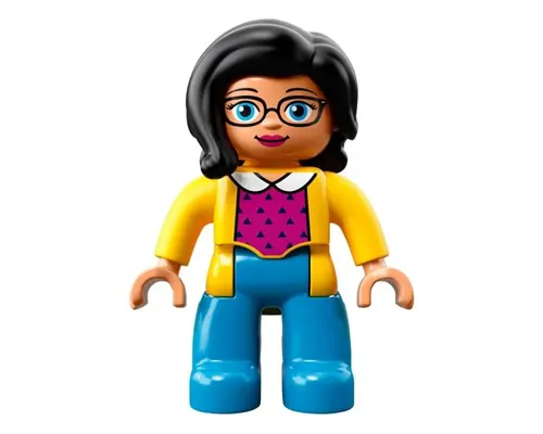 Duplo Figure Lego Ville, Female, Dark Azure Legs, Yellow Jacket, Magenta Top, Black Hair Image