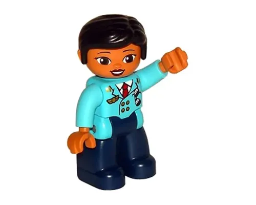 Duplo Figure Lego Ville, Female Pilot, Dark Blue Legs, Medium Azure Top with Red Tie, Black Hair (6273387) Image