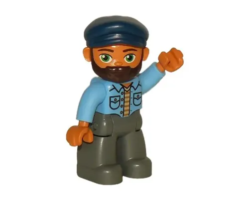 Duplo Figure Lego Ville, Male, Dark Bluish Gray Legs, Medium Blue Shirt, Dark Blue Cap, Beard Image