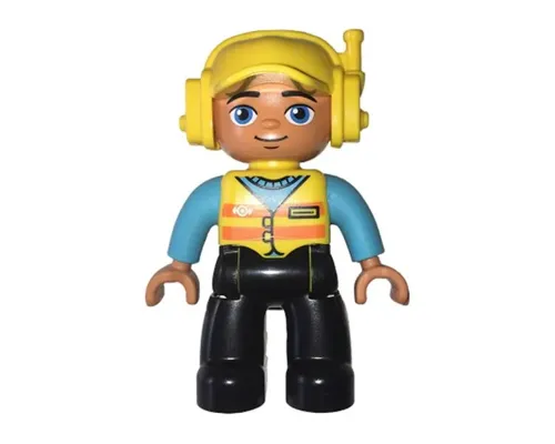 Duplo Figure Lego Ville, Male, Black Legs, Medium Azure Shirt, Yellow Safety Vest with Train Logo, Yellow Cap with Headset Image